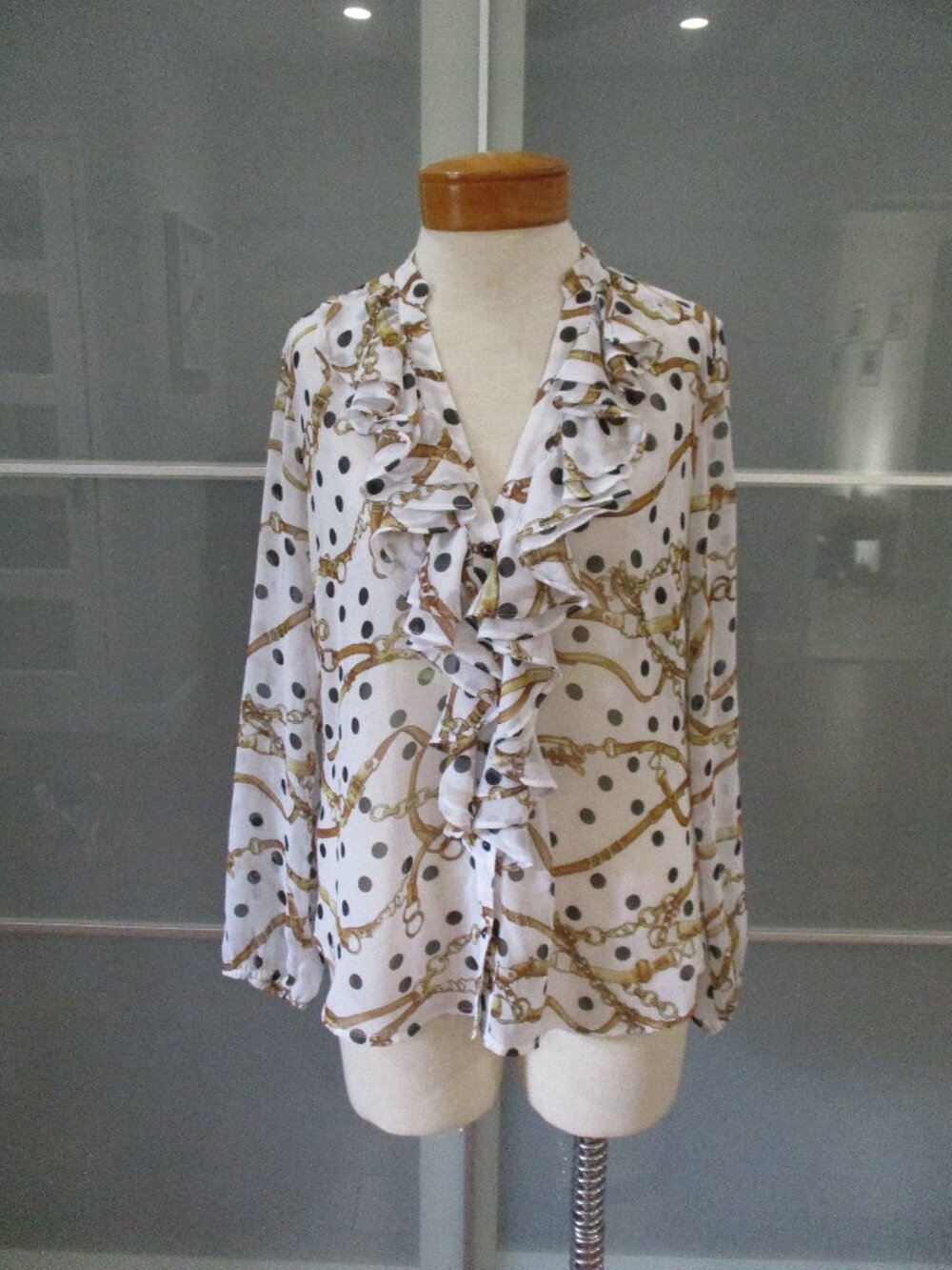 90's Cache Equestrian and Polka Dot Print  V-Neck Long Sleeve Blouse